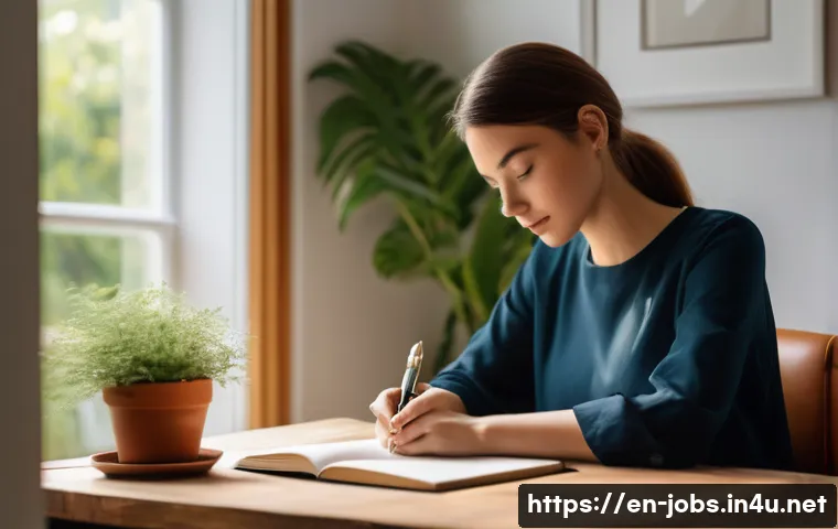 직업상담사와 심리 상담 기법 - A serene, sunlit home office scene featuring a young professional woman sitting at a wooden desk, th...