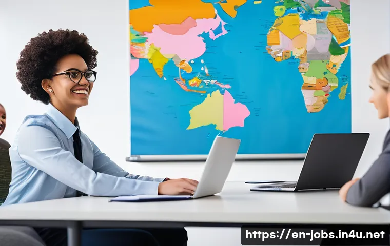 직업상담사 해외 취업 사례 - A professional career counselor in a modern office setting, engaging with a diverse group of clients...