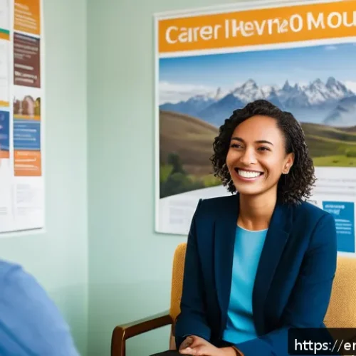 직업상담사 직무 만족도 조사 - A warm, inviting counseling office scene featuring a diverse career counselor in professional attire...