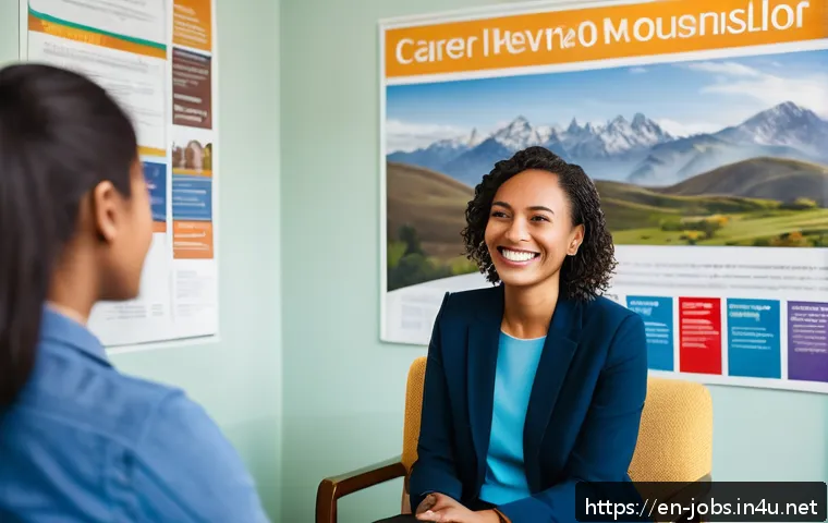 직업상담사 직무 만족도 조사 - A warm, inviting counseling office scene featuring a diverse career counselor in professional attire...